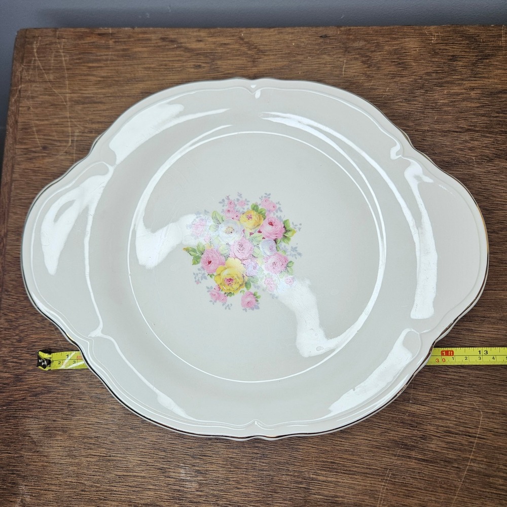Edwin M Knowles China Floral Serving Platter Tab Handles Scalloped Gold Trim 12"
